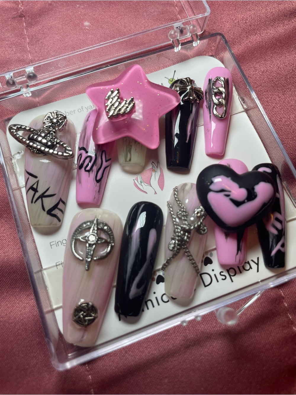 Handmade Long Coffin Press-On Junk Nail Set With Charms Pink Size Large